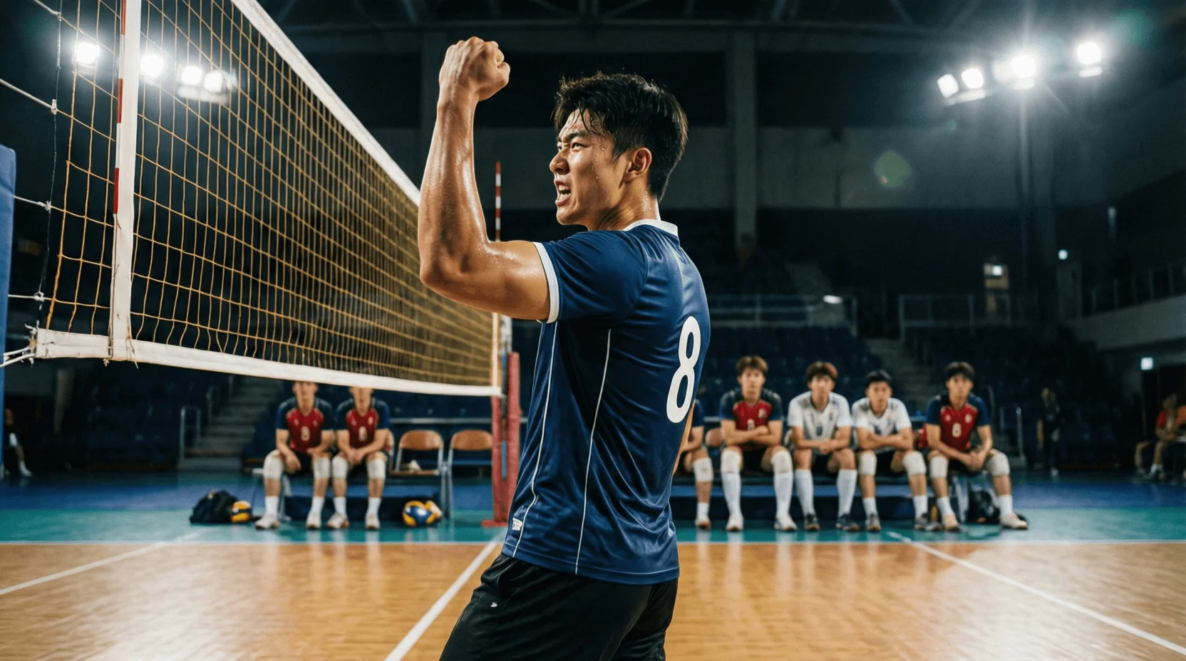 Giocatore di pallavolo che segna un punto decisivo durante il set