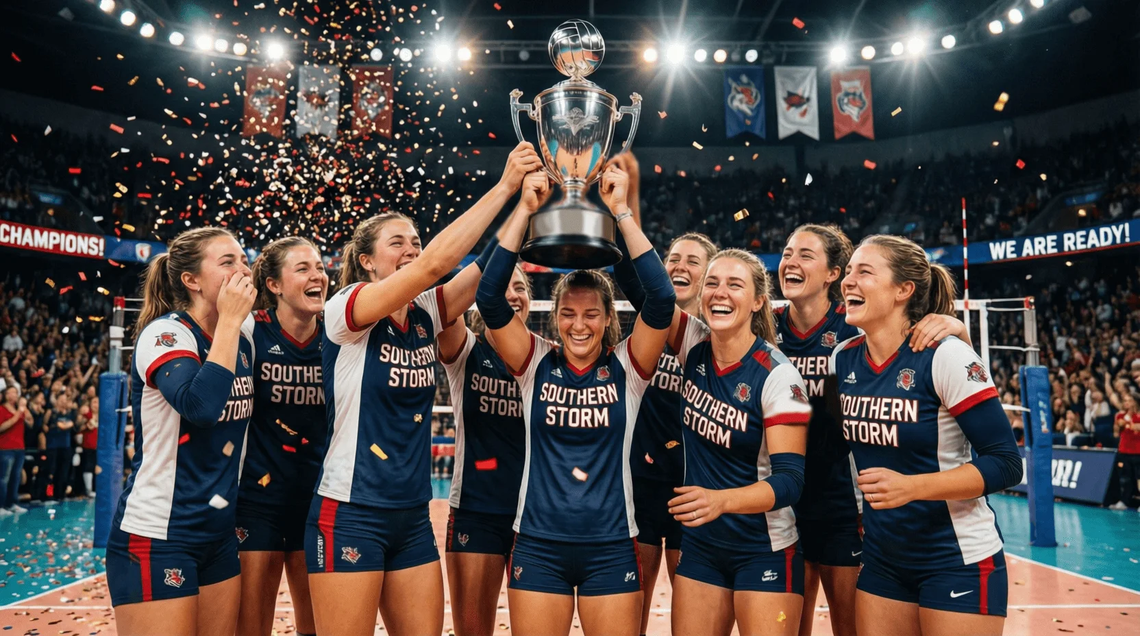 Squadra di pallavolo con trofeo della Champions League di volley