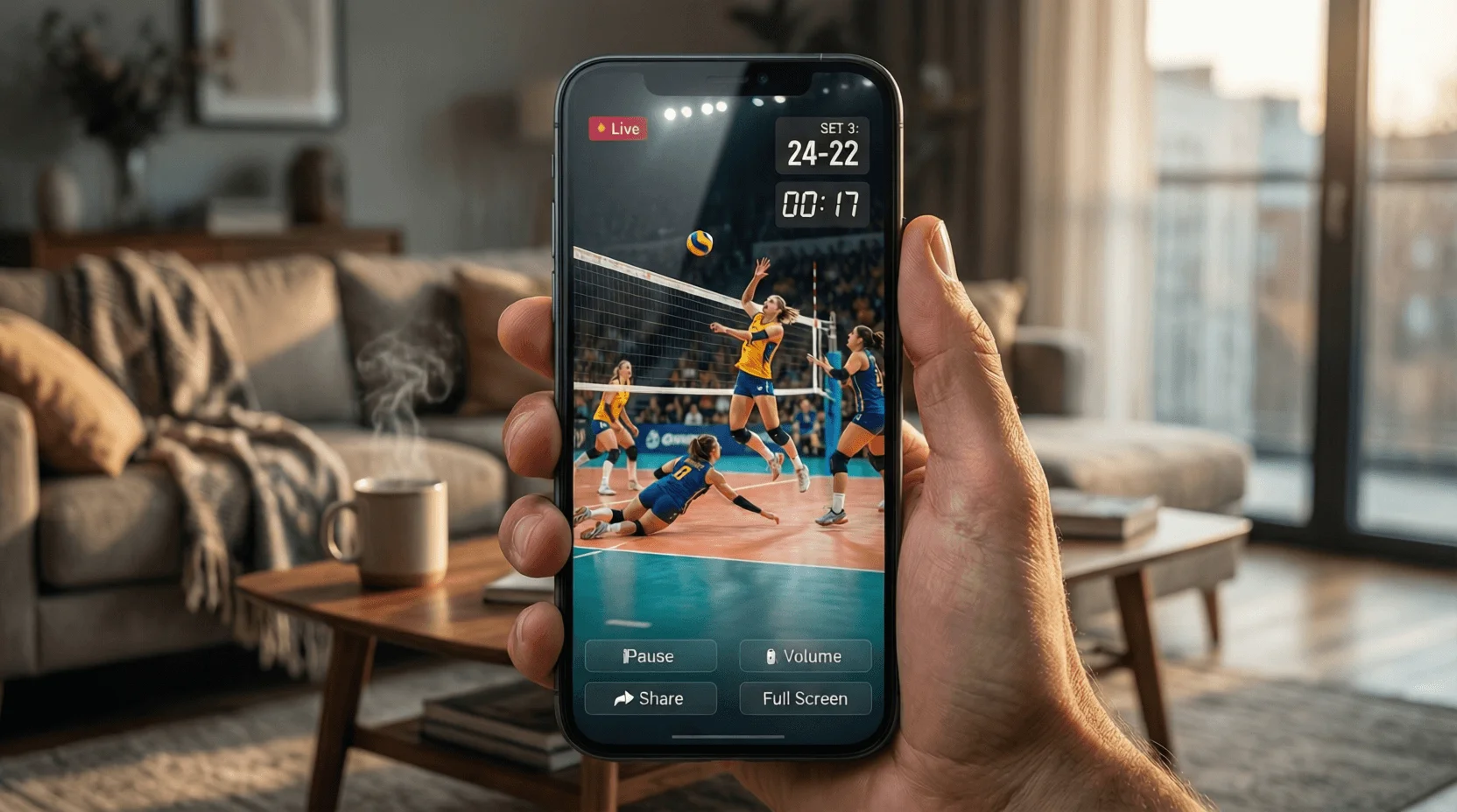Smartphone con streaming live di una partita di pallavolo
