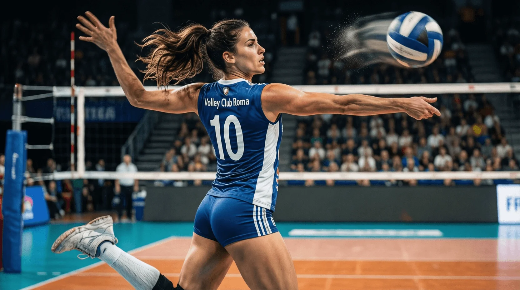Giocatrice di pallavolo che serve durante una partita di Serie A