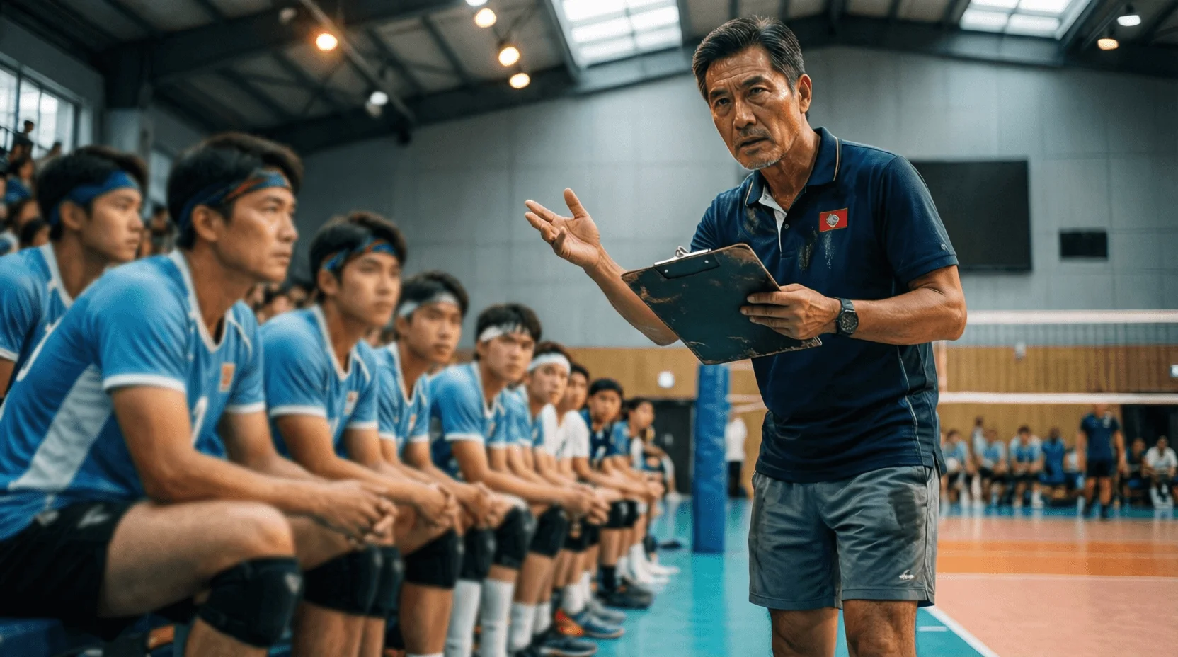 Allenatore di pallavolo che parla con la squadra durante un timeout
