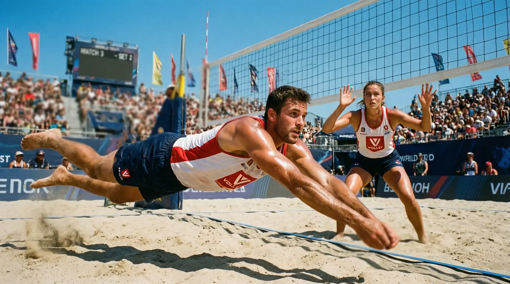 Coppia di beach volley che gioca sulla sabbia durante un torneo
