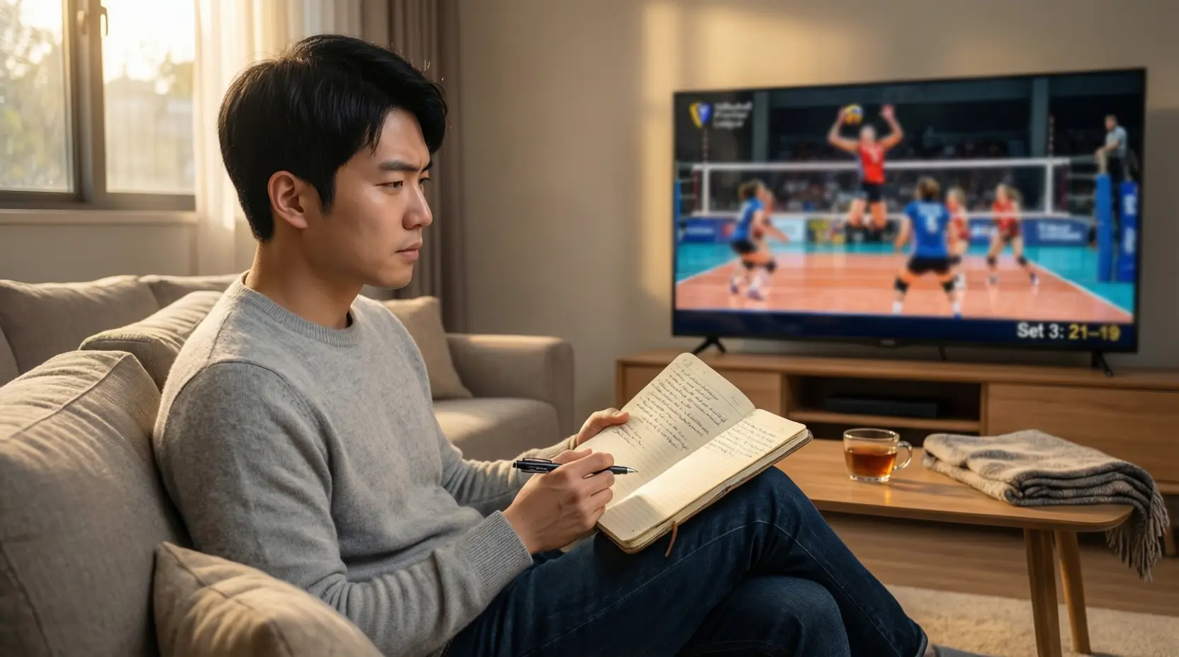 Persona che prende appunti mentre guarda una partita di volley in TV