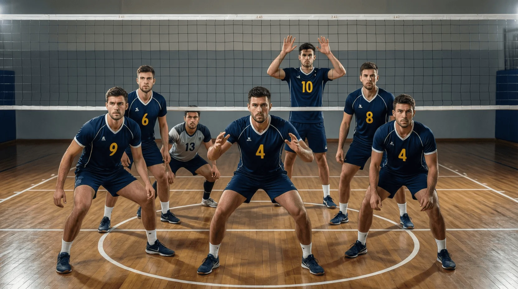 Squadra di pallavolo in formazione sul campo da gioco indoor