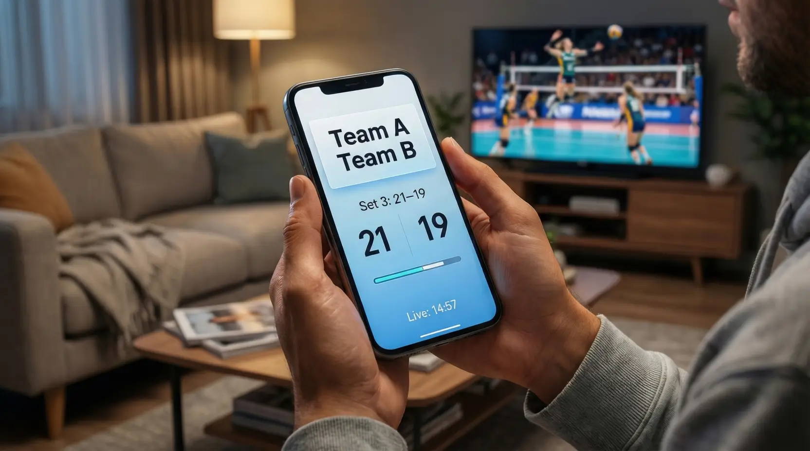 Persona che segue statistiche di una partita di pallavolo su smartphone